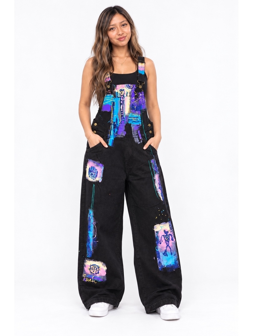 Hand-Painted Black Denim Overalls with Colorful Abstract Art